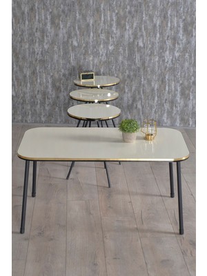 Sepetink Zigon Sehpa ve Orta Sehpa Kr Set Siyah Metal Ayak Çift Altın Krem