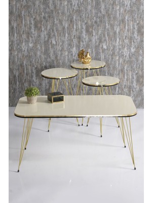 Sepetink Zigon Sehpa ve Orta Sehpa Kr Set Çift Gold Krem Tel Ayak