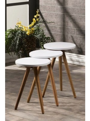 Sepetink Zigon Sehpa 3 Lü Ahşap Orjinal Torna Ayak Beyaz