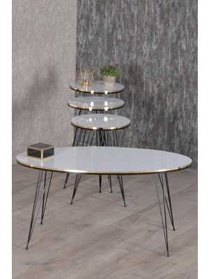 Sepetink Zigon Sehpa ve Orta Sehpa Elips Set Siyah Tel Ayak Çift Altın Beyaz