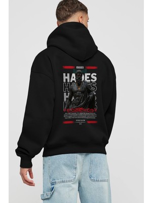 Ankhises Hades 1 Mitoloji Arka Baskılı Siyah Hoodie Oversize Kapüşonlu Sweatshirt Erkek Kadın