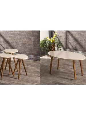 Sepetink Zigon Sehpa ve Orta Sehpa Set Ahşap Torna Elips Krem