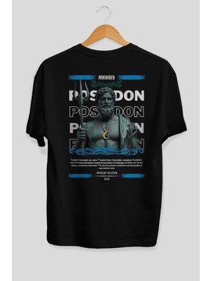 Ankhises Poseidon 1 Mitoloji Arka Baskılı Oversize T-Shirt Erkek Kadın Pamuk Bisiklet Yaka Tişort