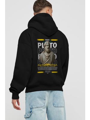 Ankhises Plato 2 Mitoloji Arka Baskılı Siyah Hoodie Oversize Kapüşonlu Sweatshirt Erkek Kadın