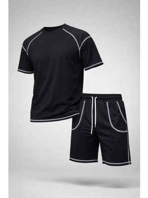 Velmora Fashion Erkek Spor Tişört Şort Takım Kontrast Dikiş Detaylı Ovarsize Rahat Kalıp - Siyah