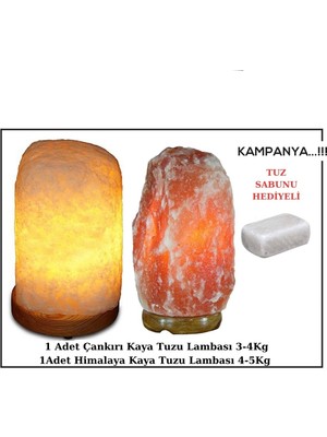 Iki Adet Himalaya ve Çankırı Kristal Kaya Tuzu Lambası + Tuz Sabunu Hediye