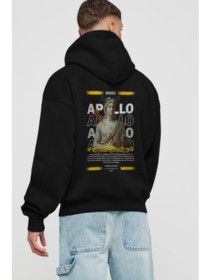 Ankhises Apollo 2 Mitoloji Arka Baskılı Siyah Hoodie Oversize Kapüşonlu Sweatshirt Erkek Kadın