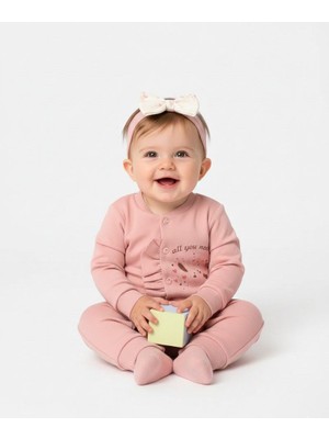 Bebeva Baby Kız Bebek %100 Pamuklu Tavşan Baskılı ve Fırfır Detaylı Bandanalı Tulum