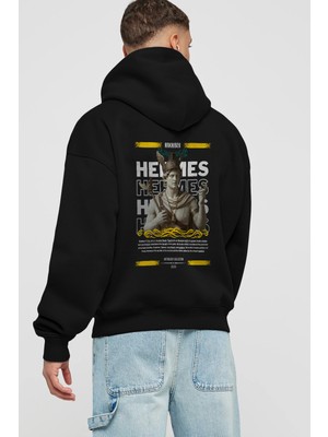 Ankhises Hermes 1 Mitoloji Arka Baskılı Siyah Hoodie Oversize Kapüşonlu Sweatshirt Erkek Kadın