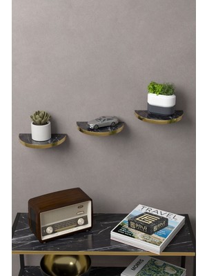 Sepetink Duvar Rafı Dekoratif 3 Adet Çiçeklik Oval Altın Bendir