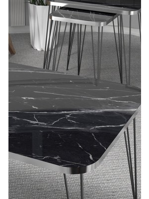 Sepetink Zigon Sehpa Kr ve Orta Sehpa Kr Set Gümüş Bendir Tel Ayak Siyah