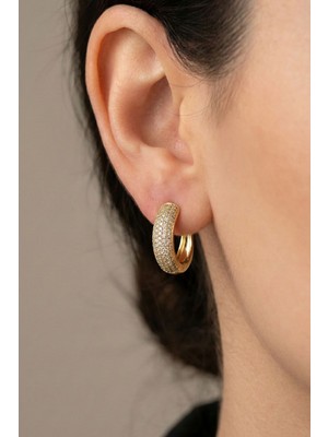 Osha Aksesuar Kadın Gold Işıltılı Halka Küpe - Lüks Tasarım Zirkon Taş Işlemeli