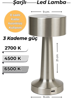 Gümüş Rengi LED Masa Lambası, 3 Renkli Işık, USB Şarjlı, Ev ve Ofis Kullanımı