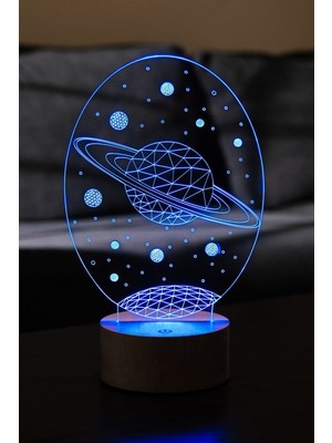Galaksi Saturn Figürlü LED Gece Lambası, 7 Renkli Işık, Ahşap Taban