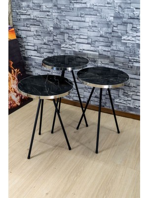 Sepetink Zigon Sehpa 3'lü Siyah Metal Ayak Gümüş Siyah Bendir 1070