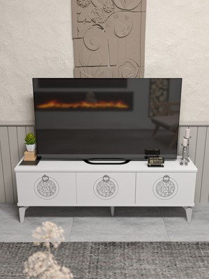 Sepetink Tv Sehpası Tv Ünitesi Beyaz Gümüş 160 cm Saraylı 5063