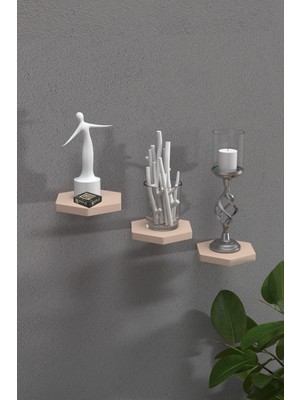 Sepetink Duvar Rafı Dekoratif 3 Adet Çiçeklik Altıgen Krem