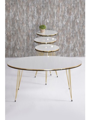 Sepetink Zigon Sehpa ve Orta Sehpa Elips Set Çift Gold Beyaz Tel