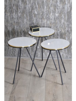 Sepetink Zigon Sehpa Siyah Metal Ayak Çift Altın Beyaz 1078