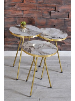 Sepetink Zigon Sehpa 3'lü Altın Metal Ayak Efes Altın 2176