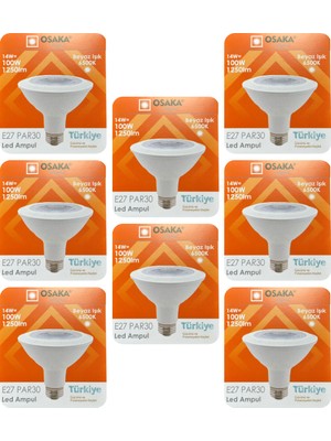 Avarson (8 Adet) Osaka 14W (100W) Beyaz Işık (6500K) E27 Duylu (Kalın Duy) LED PAR30 Ampul