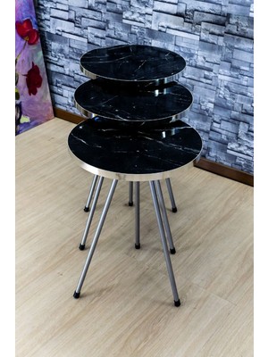 Sepetink Zigon Sehpa 3'lü Gümüş Metal Ayak Gümüş Siyah Bendir 1069