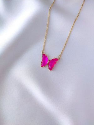 Normadia Kadın Gold Paslanmaz Çelik Zincir Pembe Kristal Kelebek Kolye