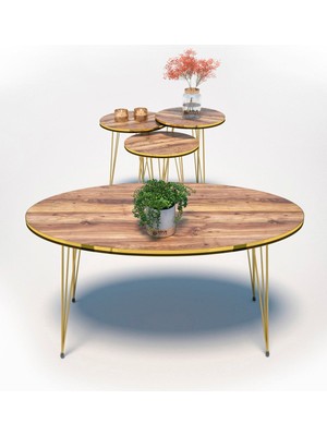 Sepetink Zigon Sehpa ve Orta Sehpa Elips Set Çift Gold Ceviz Tel