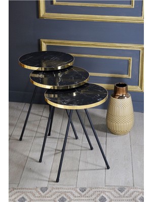 Sepetink Zigon Sehpa 3 Lü Siyah Metal Ayak Bendir Gold