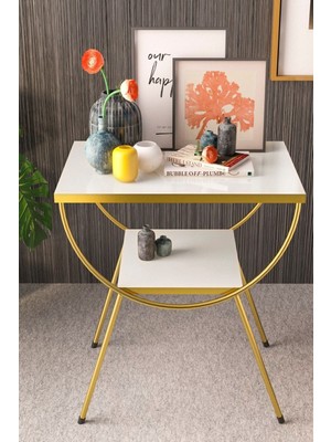 Sepetink Yan Sehpa Komodin Metal Ayak Gold Beyaz