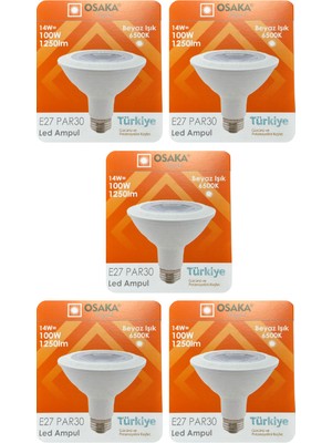 Avarson (5 Adet) Osaka 14W (100W) Beyaz Işık (6500K) E27 Duylu (Kalın Duy) LED PAR30 Ampul