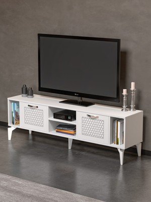 Sepetink Tv Sehpası Tv Ünitesi Beyaz Gümüş 160 cm Linya 5043