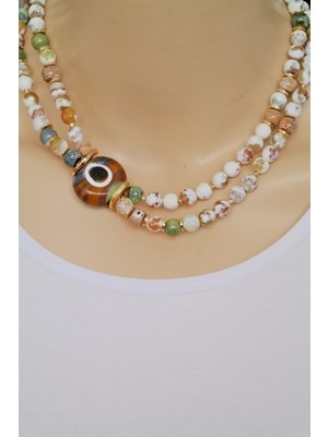 Beyaz Akik Doğaltaş Yeşil Mavi Porselen Boncuk Ebruli Cam Nazar Boncuk Tasarım Doğaltaş Kolye