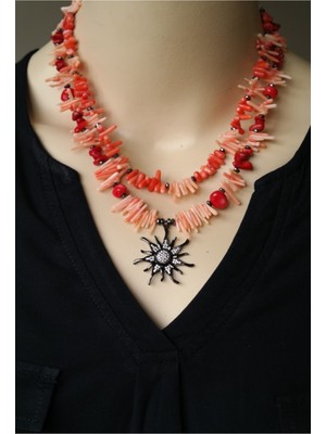 Zirkon Taşlı Güneş Kırmızı Somon Mercan Doğaltaş ve Hematit Doğaltaş Tasarım Ikili Kolye