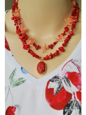 Kırmızı Mercan Doğaltaş Uçlu Kırmızı Somon Mercan Doğaltaş Tasarım Ikili Kolye