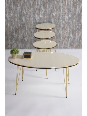 Sepetink Zigon Sehpa ve Orta Sehpa Elips Set Çift Gold Krem Tel Ayak