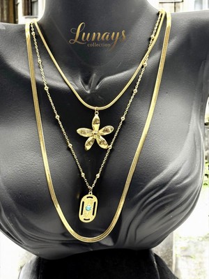 Normadia Paslanmaz Çelik 3'lü Asya Model Kadın Zincir Kolye, Gold Renk