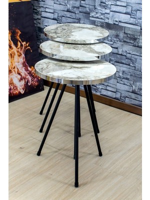 Sepetink Zigon Sehpa 3'lü Siyah Metal Ayak Gümüş Efes 1071