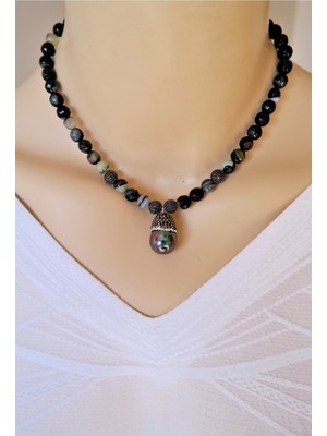 Hematit Doğaltaş Uçlu Yeşil Siyah Akik Doğaltaş Zirkonlu Kolye