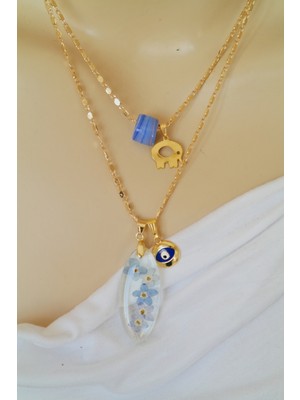 Gerçek Mavi Beni Unutma Çiçekleri Ebruli Mavi Cam Boncuk Gold Fil ve Nazar Tasarım Ikili Kolye