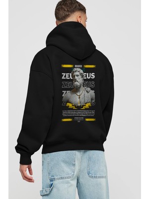 Ankhises Zeus 3 Mitoloji Arka Baskılı Siyah Hoodie Oversize Kapüşonlu Sweatshirt Erkek Kadın
