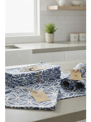Rona Home 6'lı Amerikan Servis Seti Mavi Beyaz Geometrik Desenli Pamuklu Kumaş Yemek Masası Örtüsü