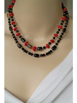 Siyah Oniks Siyah Akik Doğaltaş ve Kırmızı Mercan Doğaltaş Tasarım Ikili Kolye