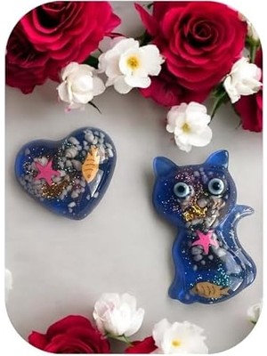 Deniz Temalı Magnet Set, Mavi Kedi ve Kalp Şeklinde, Balık ve Deniz Yıldızı Desenli, 2 Parça Buzdolabı Süsü (2, Kedi-Kalp)