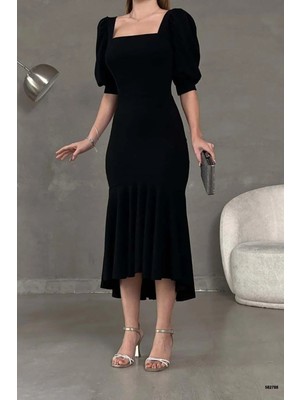 Ezraa Siyah Kare Yaka Kısa Prenses Kol Krep Kumas Uzun Elbise