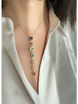 Normadia Renkli Taşlı Uzun Gold Kolye, Şık ve Zarif Takı Tasarımı