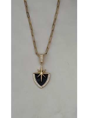 Normadia Siyah Çelik Zincirli Yıldızlı Kalkan Kolye, Şık ve Modern Tasarım