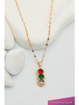 Normadia Renkli Zirkon Taşlı Şık Kadın Paslanmaz Çelik Kolye