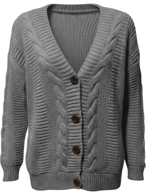 Evolaria Kadın Gri Düğmeli Kısa Triko Hırka – Burgulu Örgü Desenli