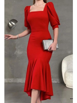 Ezraa Kırmızı Kare Yaka Kısa Prenses Kol Krep Kumas Uzun Elbise